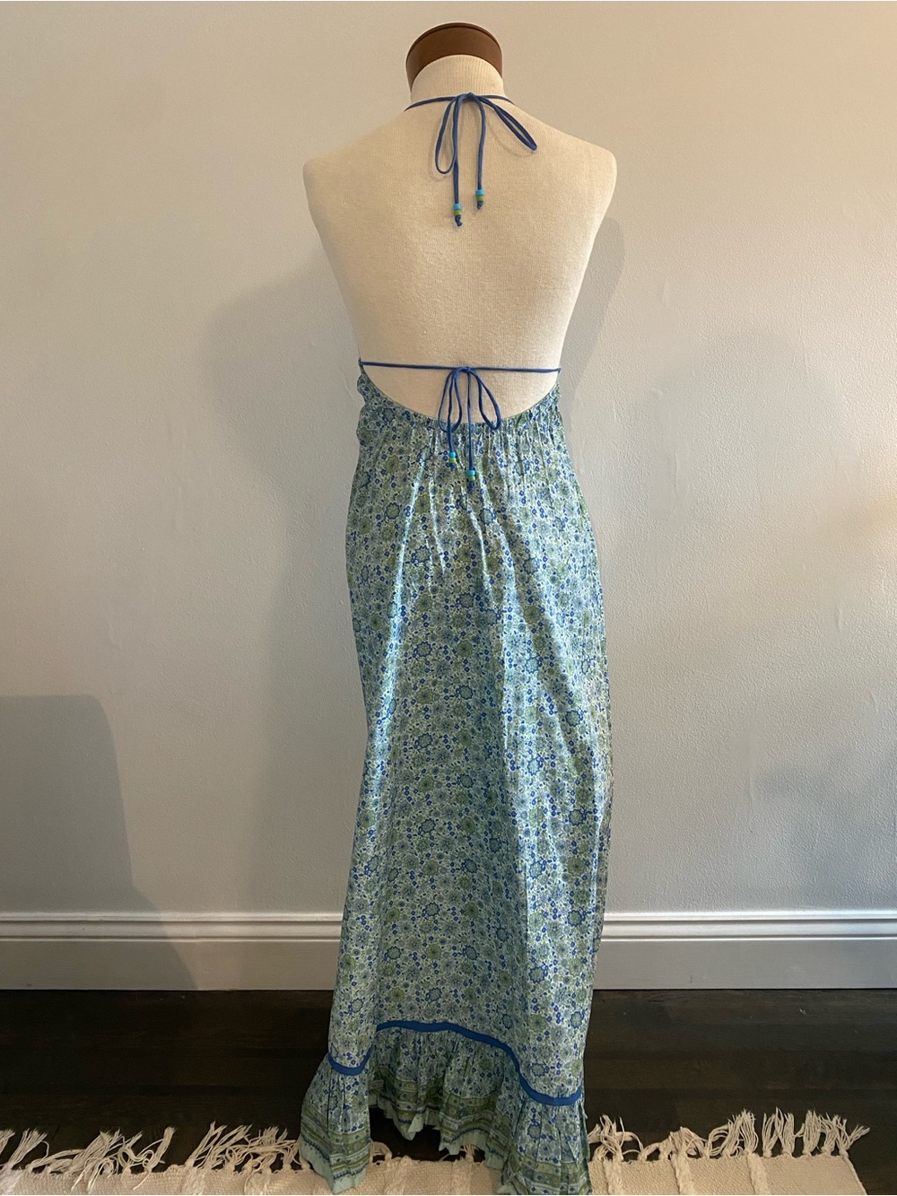 Vintage Blue and Green Floral Halter Cotton Maxi Dress Size S - Picture 5 of 11